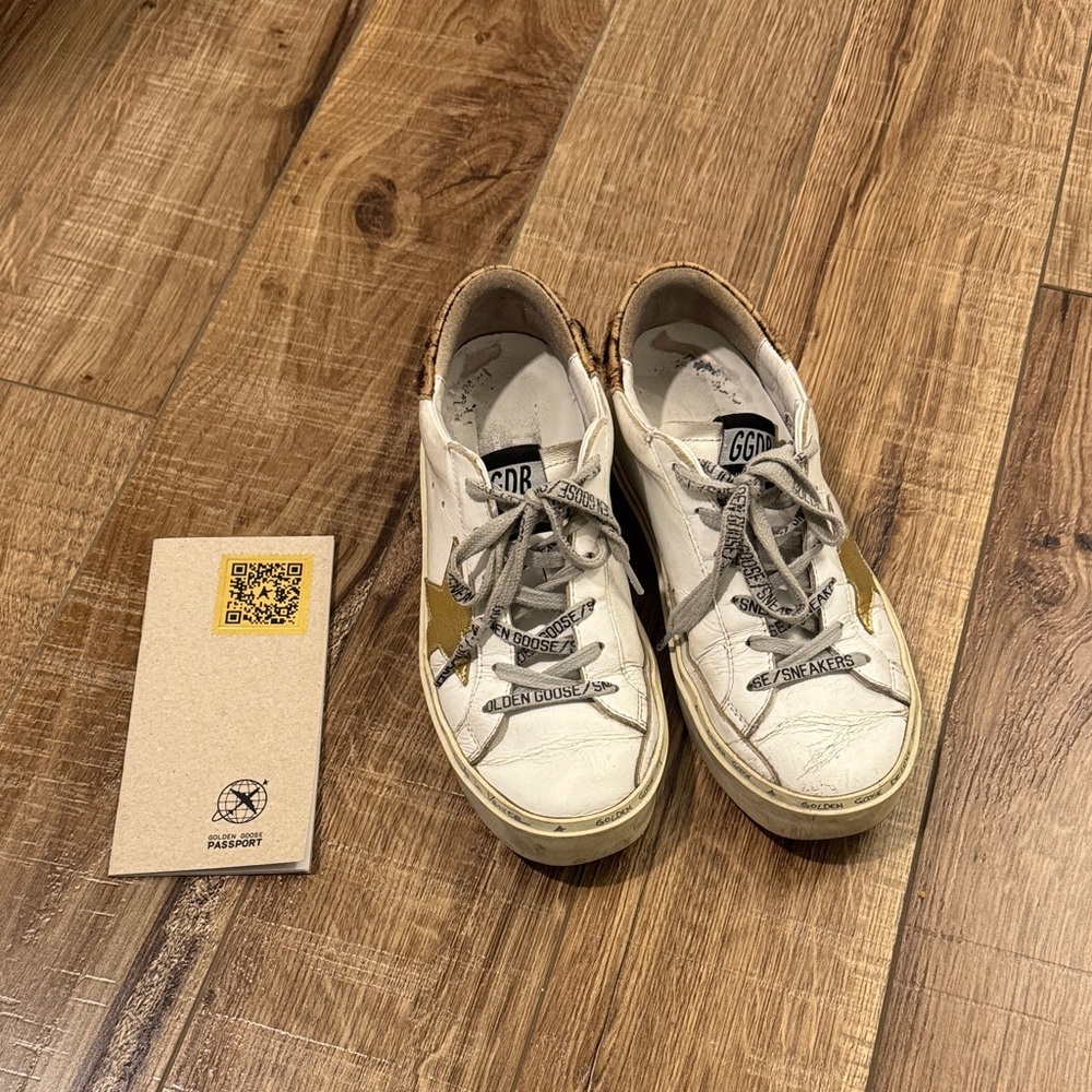 Golden Goose White and Gold Sneakers with Animal Print